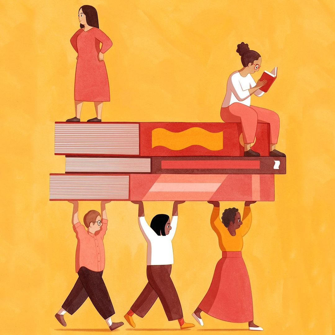 Illustration of two women sitting on a stack of books being carried by three people on a yellow background.
