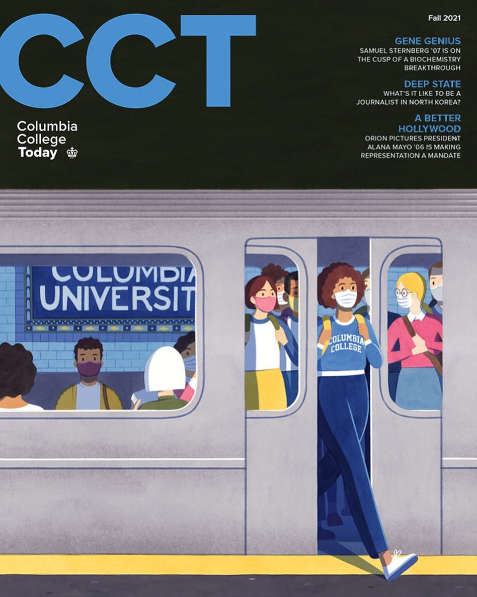 Illustration of magazine cover depicting students on a subway, promoting Columbia College Today with the title 'CCT' and text about Fall 2021.