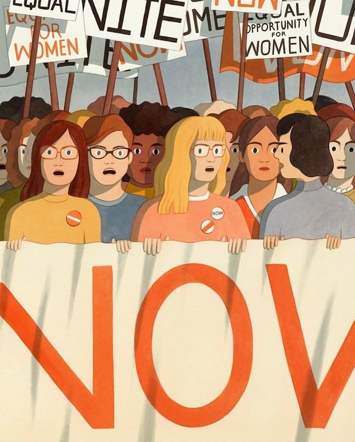 Illustration of diverse group of women marching in a political protest, holding signs and banner stating equal opportunity for women.