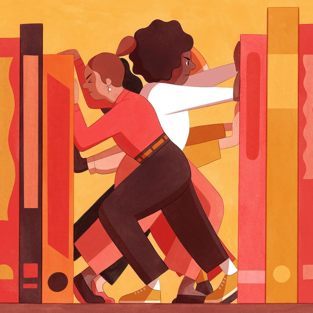 Illustration of three women pushing books on a shelf, rendered in a graphic style with a warm color palette and dynamic composition.