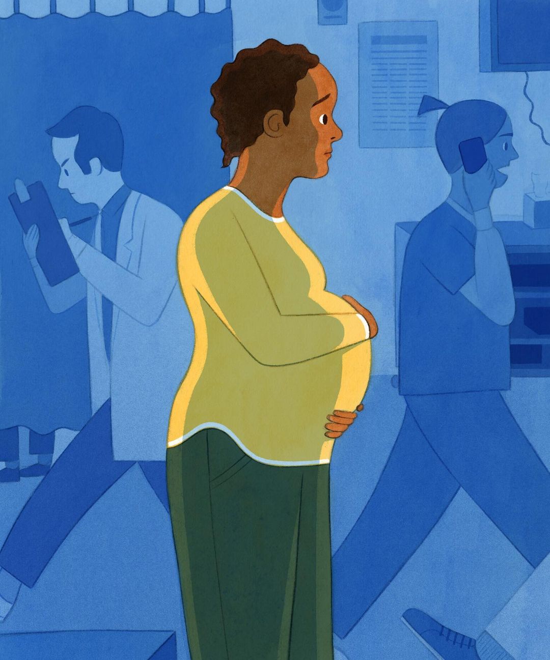 Illustration of a pregnant African American woman in a doctor's office, with medical staff and other patients in the background.