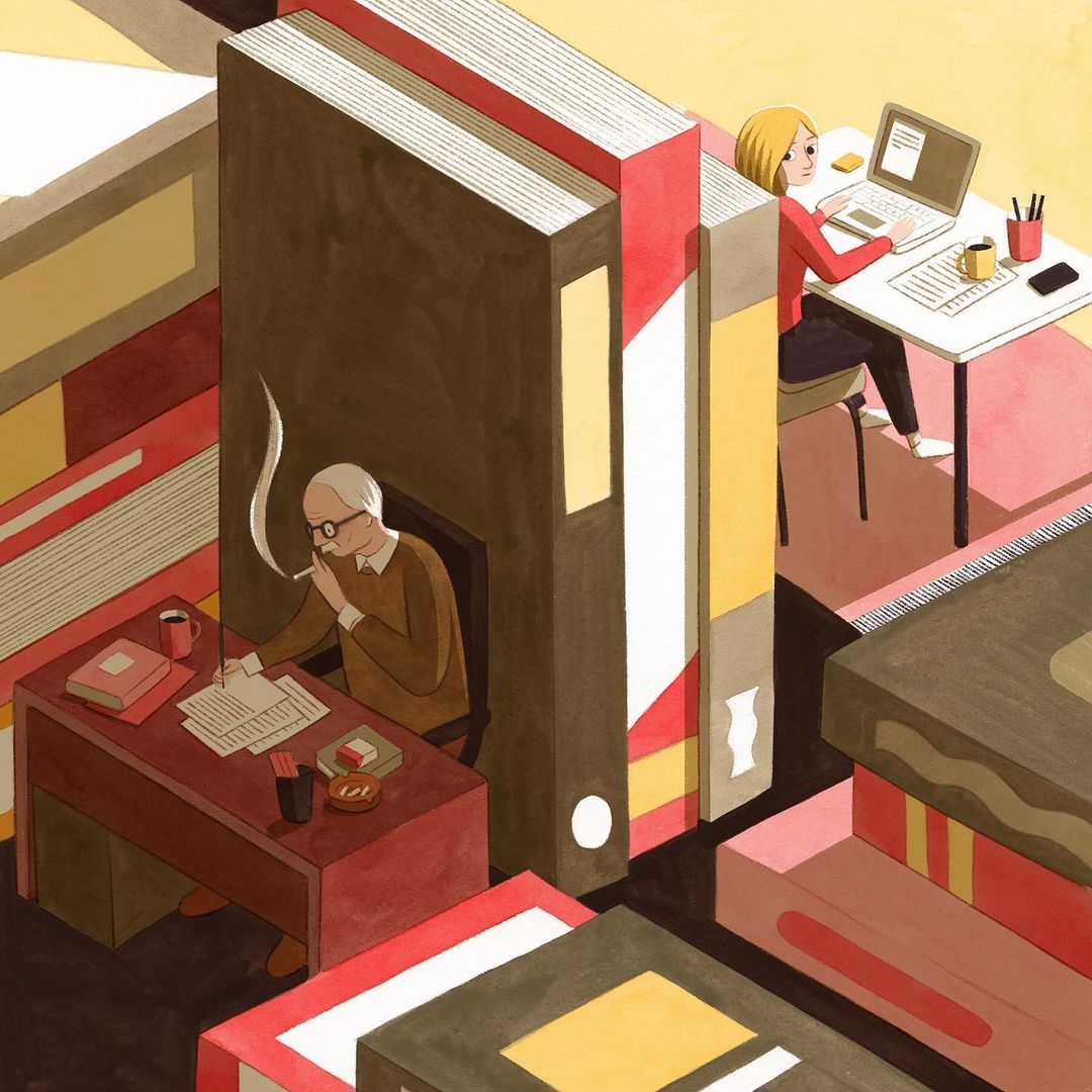 Whimsical illustration of an older man at a desk with a cigarette, a woman with a laptop, and giant books surrounding them.