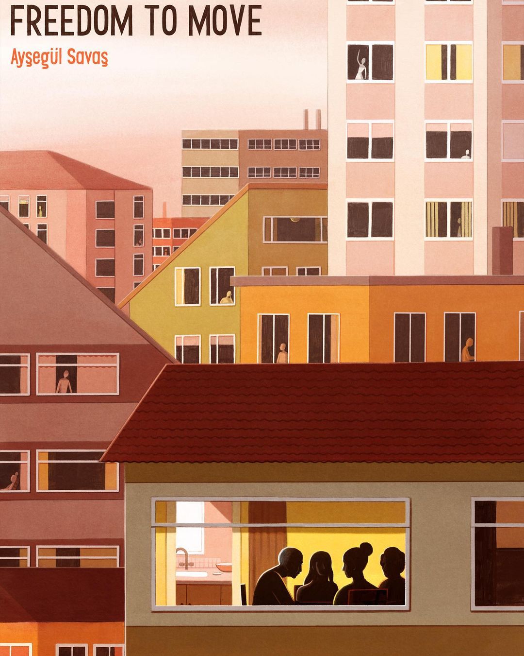 Illustration of urban apartment buildings, with silhouettes of people in windows, in warm color palette, with title 'Freedom to Move'.