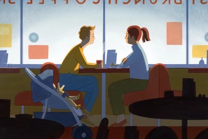 Animated scene of a young family in a coffee shop. A couple is seated at a table with their child in a stroller, near a window.