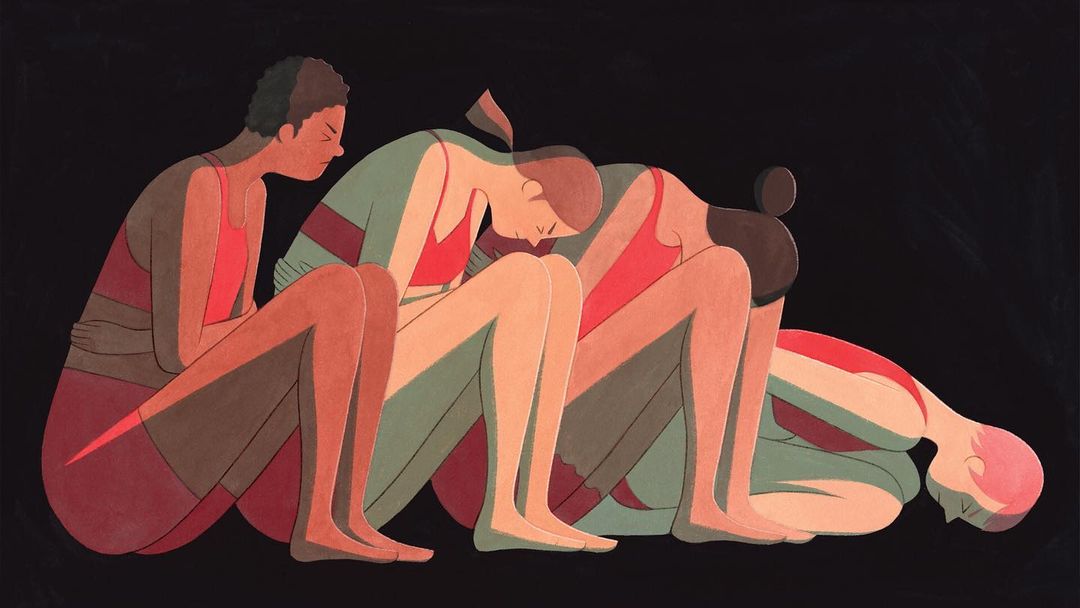Illustration of four women in red swimwear seated closely, against a dark background with strong shadows and stylized lines.
