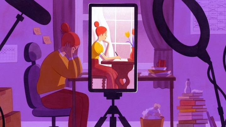 Illustration shows a sad woman at desk with head in hands, and another woman writing at a desk in a video being filmed.