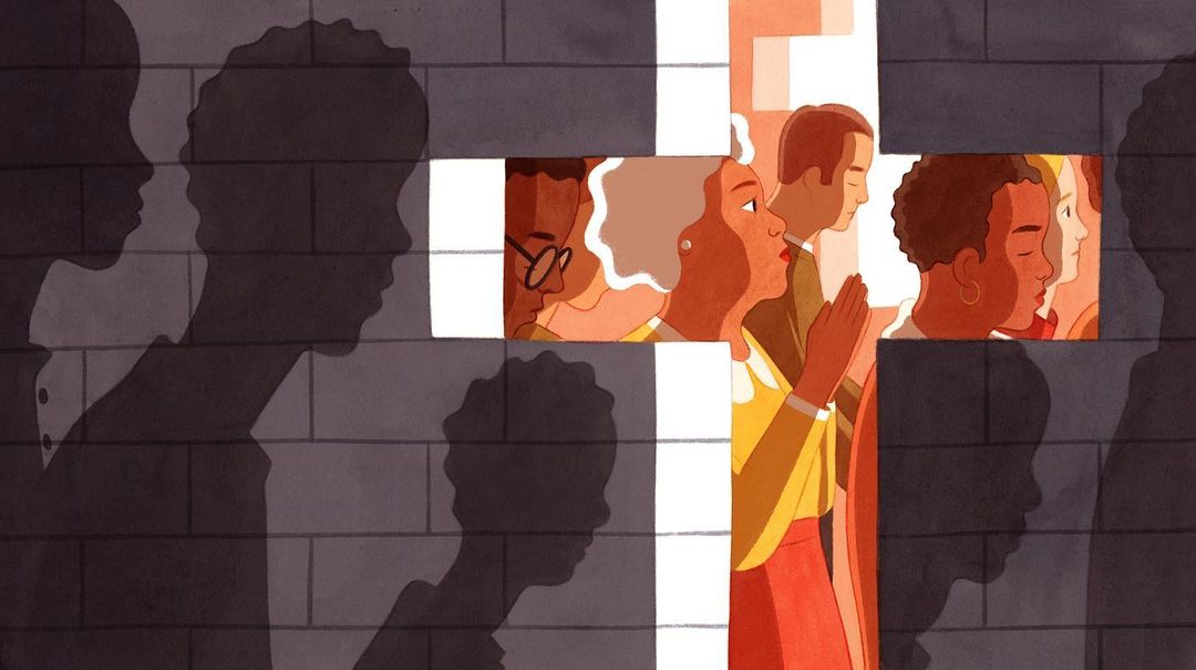 Illustration of a diverse group of people silhouetted around a cross shape, with some people praying and others in profile.