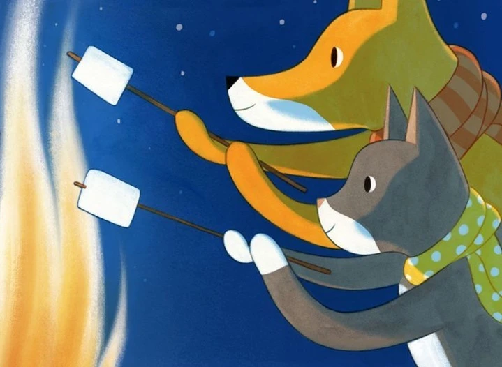 Illustration of a fox and cat roasting marshmallows over a fire against a dark blue starry background in a children's book style.