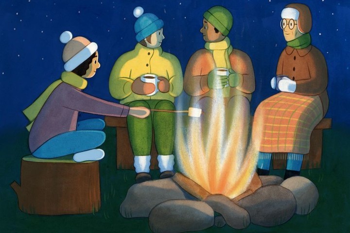 Illustration of four people gathered around a campfire roasting marshmallows in a cartoon style against a starry night sky.