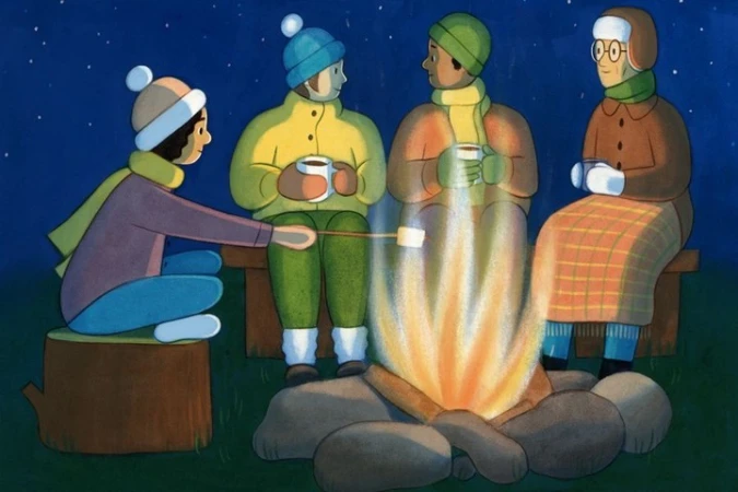 Illustration of four people gathered around a campfire roasting marshmallows in a cartoon style against a starry night sky.