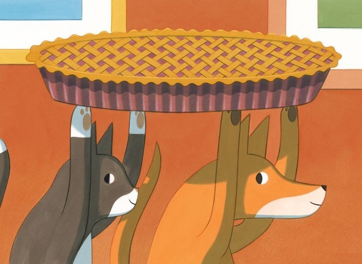 Illustration of a brown pie carried by a cartoon cat and dog, set against a warm-toned backdrop with window shapes above.