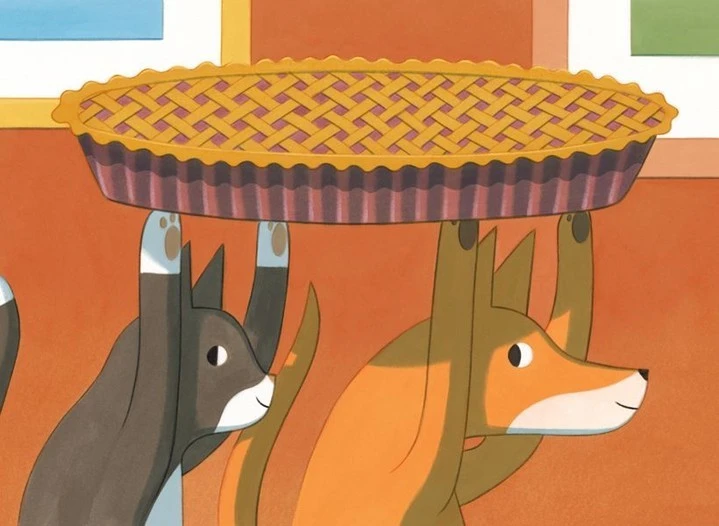 Illustration of a brown pie carried by a cartoon cat and dog, set against a warm-toned backdrop with window shapes above.