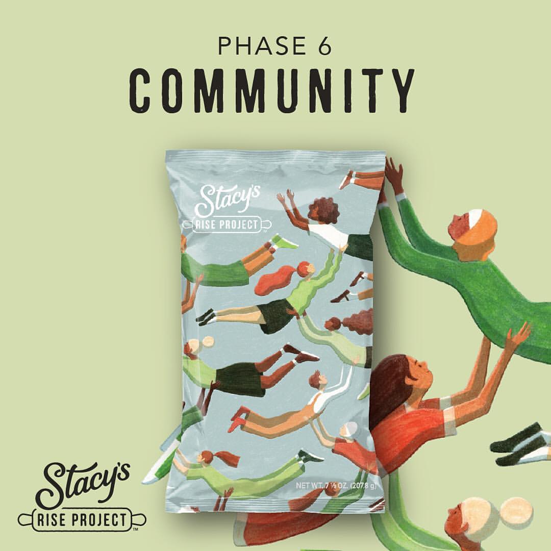Illustration of Stacy's Rise Project potato chip bag with abstract illustration of people reaching toward the sky, promoting community.
