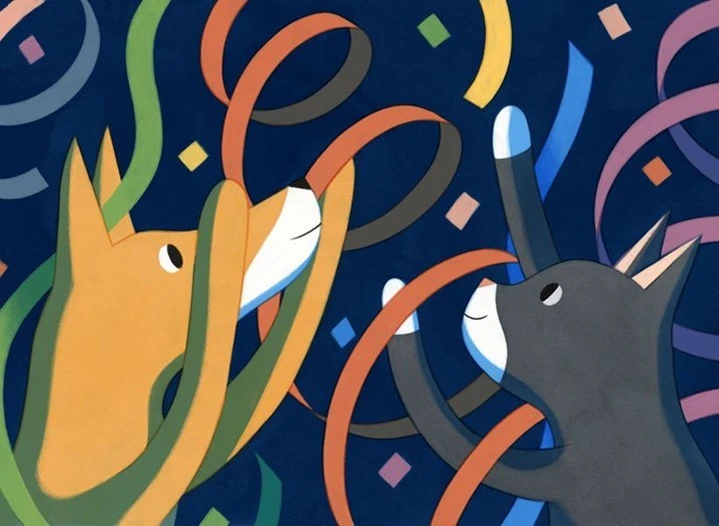 Whimsical illustration of an orange fox and gray cat surrounded by colorful confetti and streamers against a navy background.