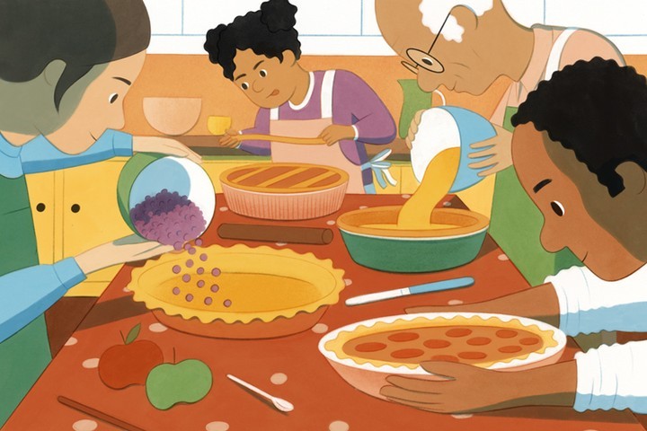 Illustration of children and an adult baking pies together at a table with ingredients and baking utensils in a brightly lit kitchen setting.