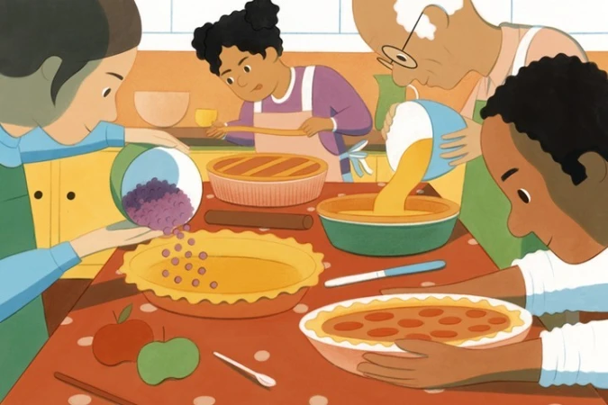 Illustration of children and an adult baking pies together at a table with ingredients and baking utensils in a brightly lit kitchen setting.