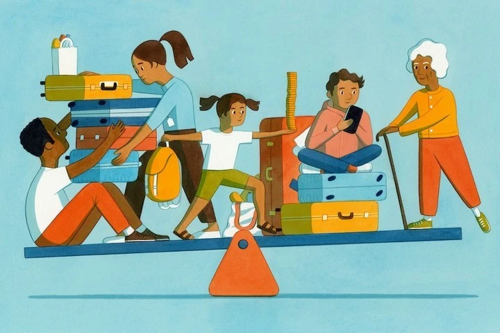 Illustration of a family on a seesaw balancing luggage, backpacks, and money, depicting family equilibrium and shared responsibilities.