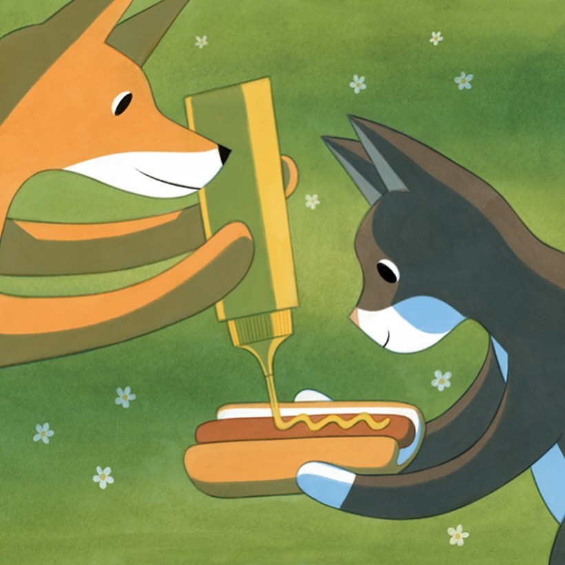 Illustration of an orange fox putting mustard on a hot dog held by a grey fox against a green background with small white flowers.