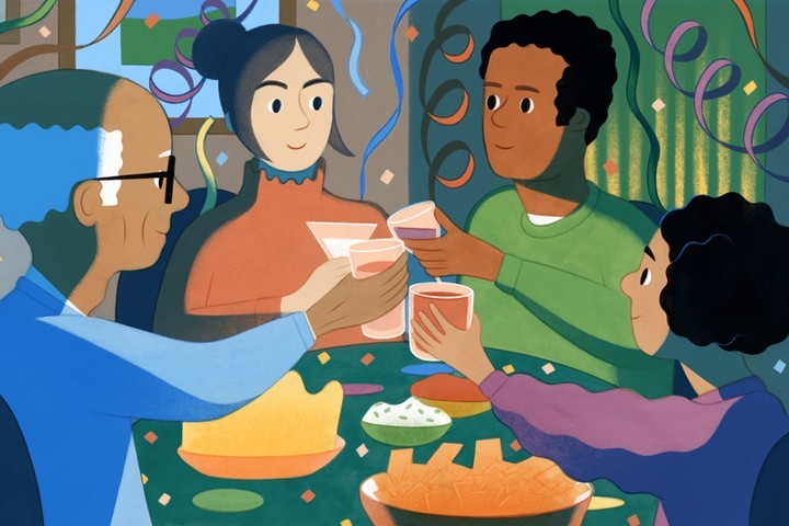 Illustration of four individuals toasting with drinks at a table laden with food, streamers in background, in a whimsical, flat style.