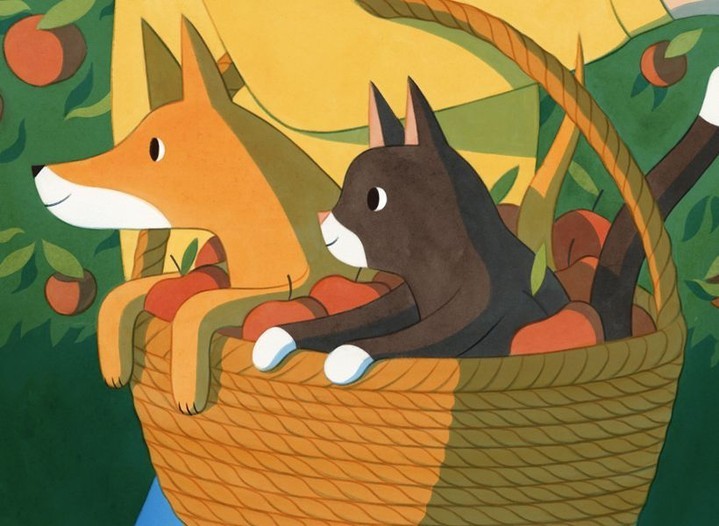 Illustration of a fox and cat in a woven basket filled with red apples, set against a background of a tree with apples.
