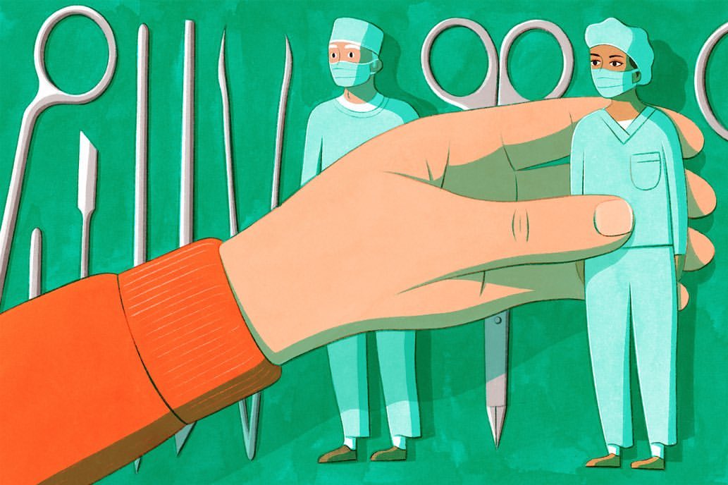 Conceptual illustration featuring a hand selecting a surgeon figurine from an array of medical tools and another surgeon figure.
