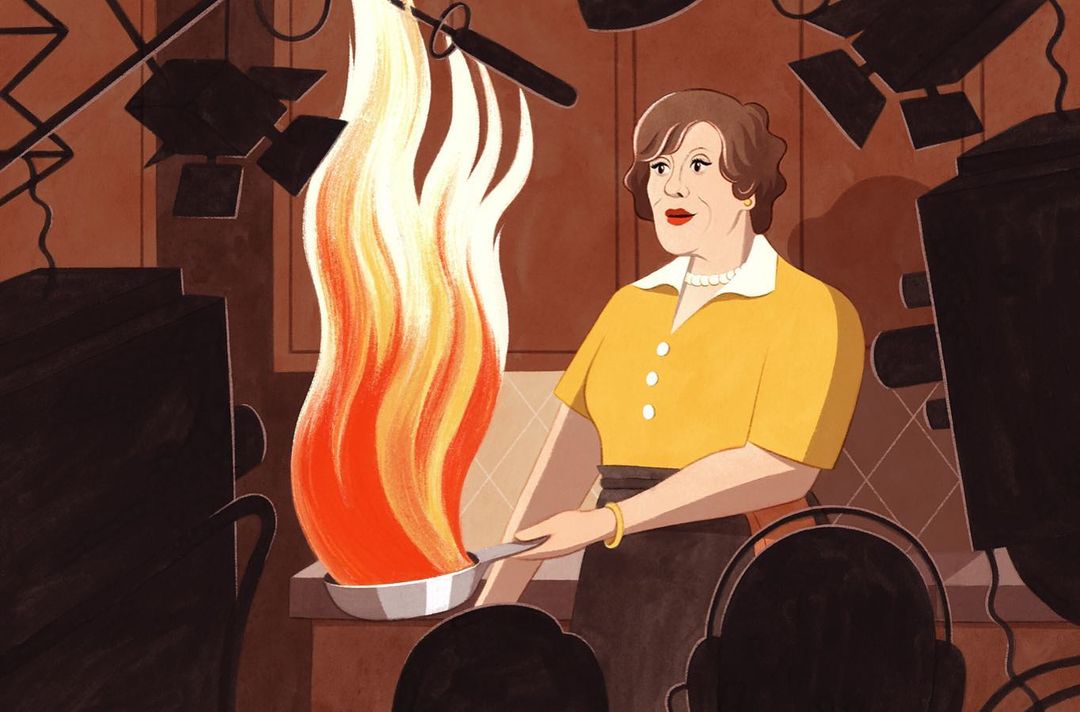 Illustration of a woman in a yellow blouse cooking with flames rising from a silver pan in an indoor kitchen environment.