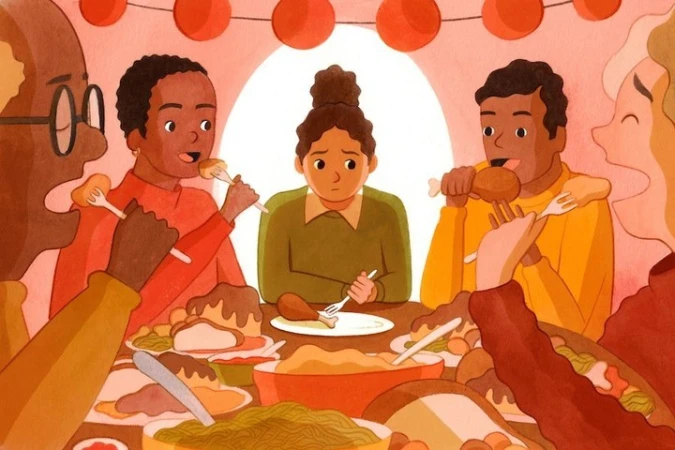 Illustration of diverse group eating Thanksgiving dinner around a table with roast turkey, vegetables, and sides, in a warm, cozy setting.