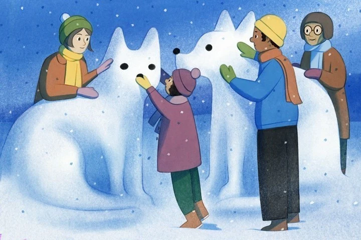 Illustration of four people wearing winter clothing creating two snow sculptures resembling arctic foxes, set against a snowy backdrop.