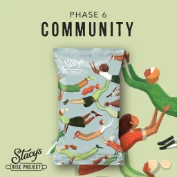 Illustrated snack bag by Eleni Kalorkoti showing stylized figures floating in green and orange tones against a pale green background.