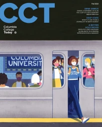 Illustration of diverse commuters wearing face masks boarding a subway train by Eleni Kalorkoti