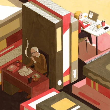 Illustration by Eleni Kalorkoti showing two figures writing in separate spaces divided by giant standing books.