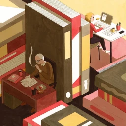 Illustration by Eleni Kalorkoti showing two figures writing in separate spaces divided by giant standing books.