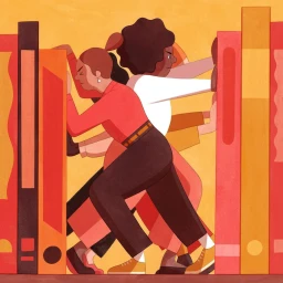 Illustration by Eleni Kalorkoti showing two figures pushing against large colorful books on a warm yellow background.