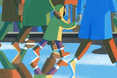 Illustration of pedestrians walking on a wet city street, including a child in a green coat holding an umbrella