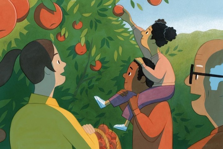 Digital illustration of four people picking oranges in an orchard by illustrator Eleni Kalorkoti