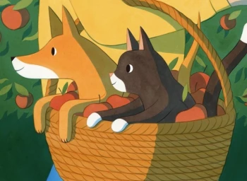 An orange fox and a black cat sitting together inside a woven wicker basket filled with red apples.