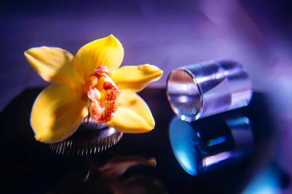 Close-up studio shot of a yellow orchid flower on a reflective black surface next to a small metal cylinder.