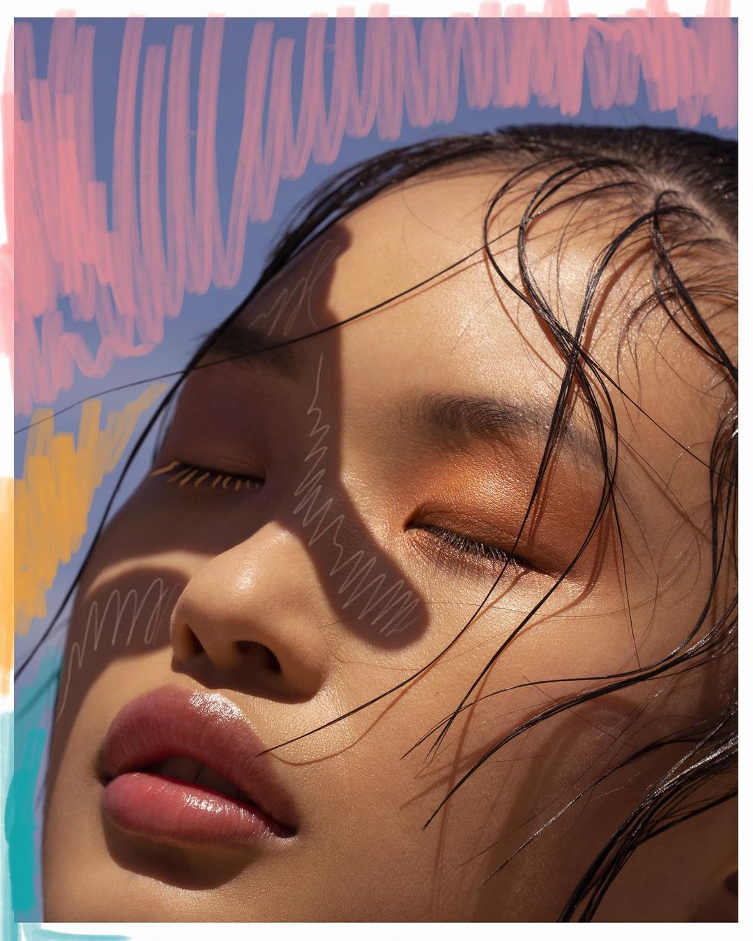 Close-up portrait of an adult woman with wet hair, closed eyes, and dramatic lighting, complemented by painted brushstrokes in the background.