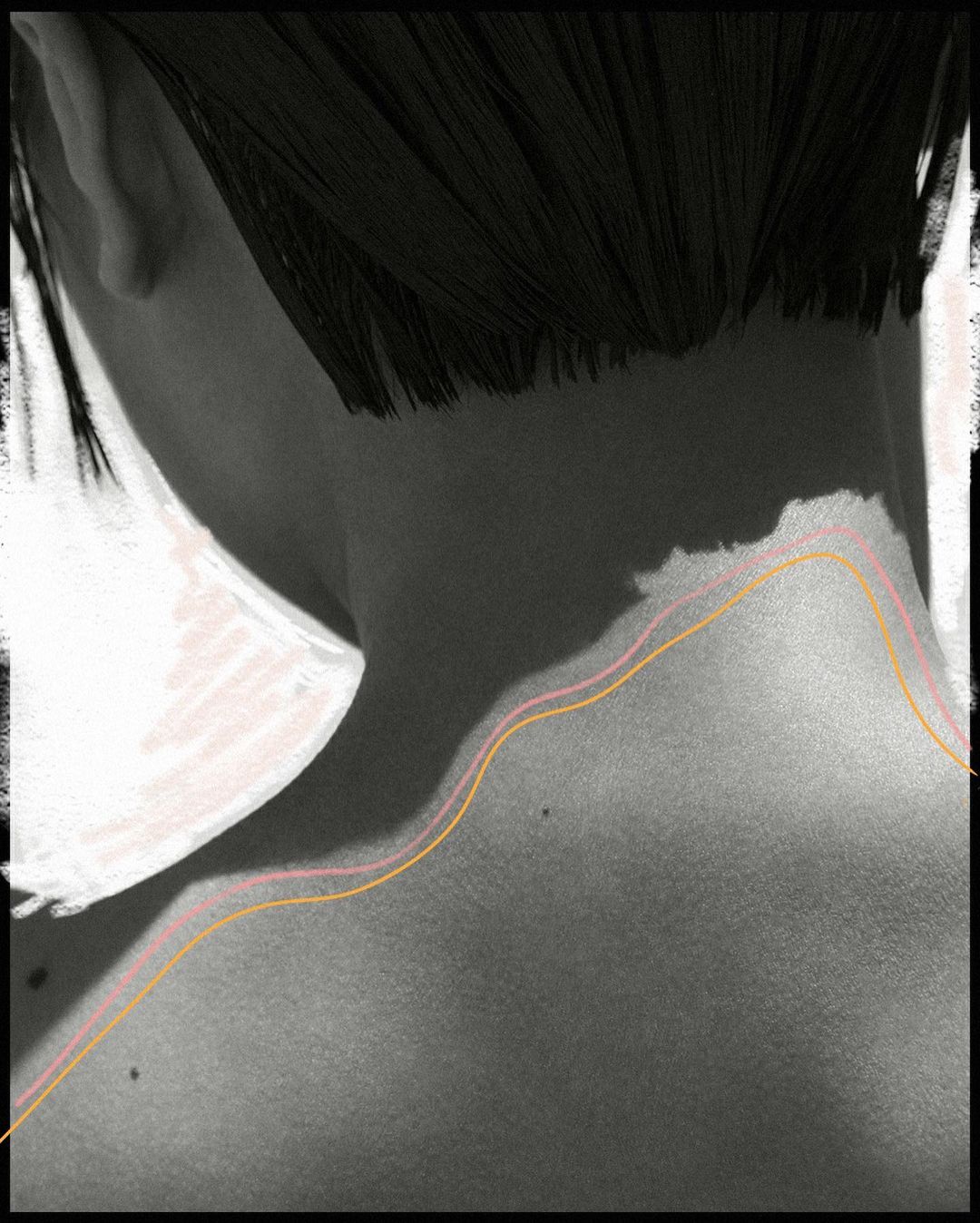 Back and shoulder of a person with short, dark hair, partially shadowed, with digitally added pink and yellow lines. Monochromatic.