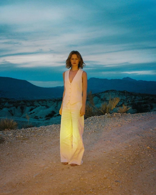 Woman in off-white vest and pants poses outdoors against a backdrop of mountains and sky in editorial fashion shot.