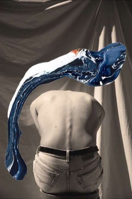 Artistic image of an adult with bare back and jeans, paired with a surreal blue and white paint-like form against a draped fabric backdrop.