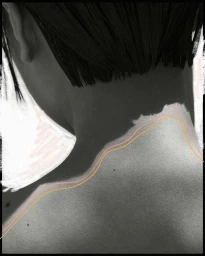 Close-up monochrome portrait of a person's neck and shoulder with dark short hair, grainy texture and overlaid drawn lines.