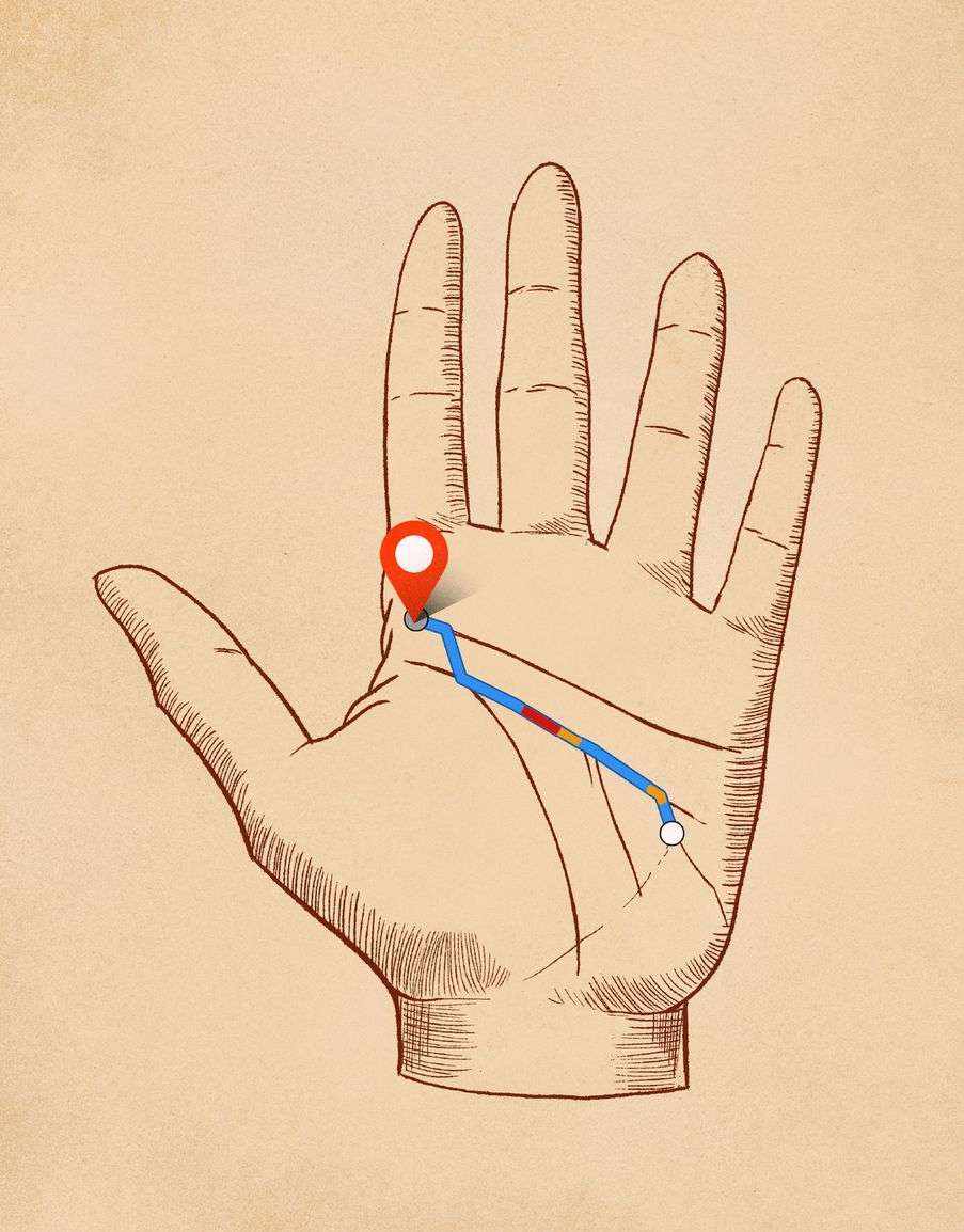 Palm reading illustration. The palm of a hand is shown with a red map pin above the wrist, and a blue and white line drawn on the palm.