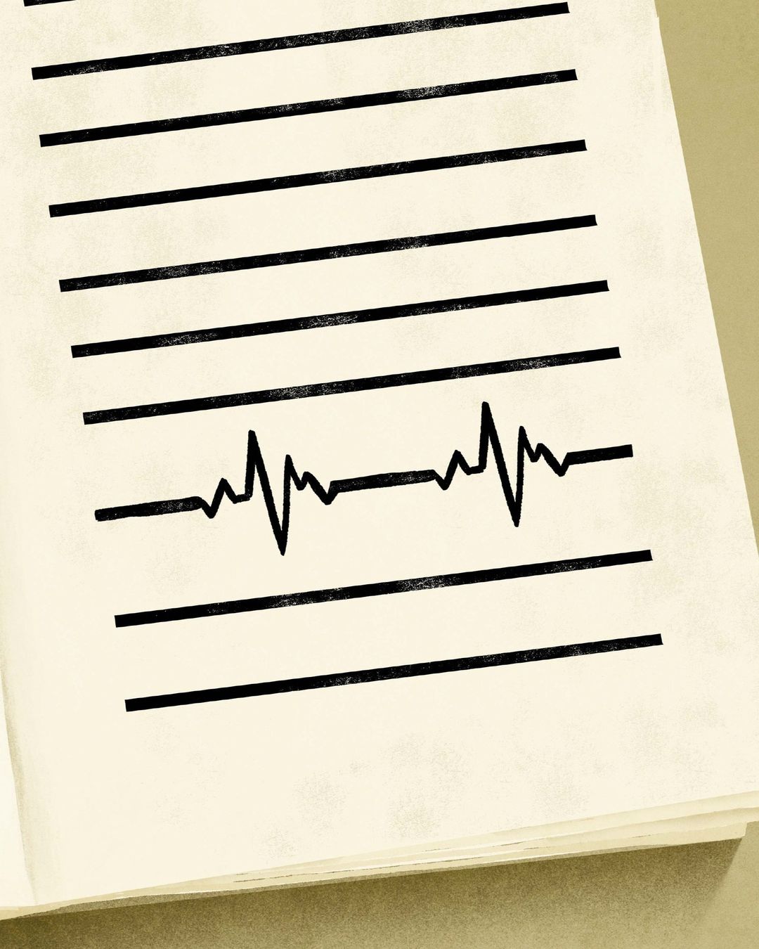 Illustration of a book page featuring horizontal lines and an EKG graph on a white page with an off-white background.
