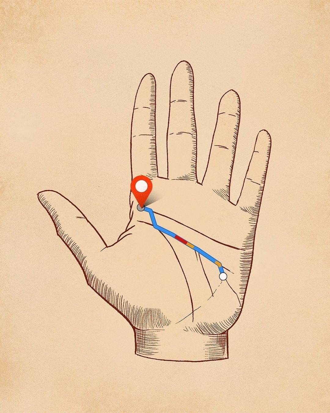 Illustration of a palm with a blue line indicating a journey, marked with a red pin and white circle on a textured beige background.