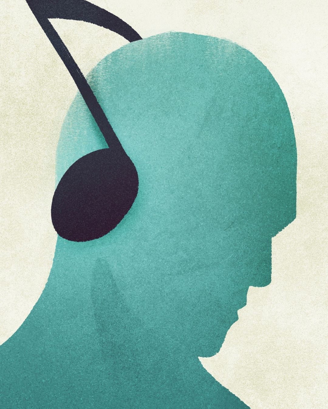 Illustration of a teal-skinned person in profile wearing music notes as earrings against a beige textured background.