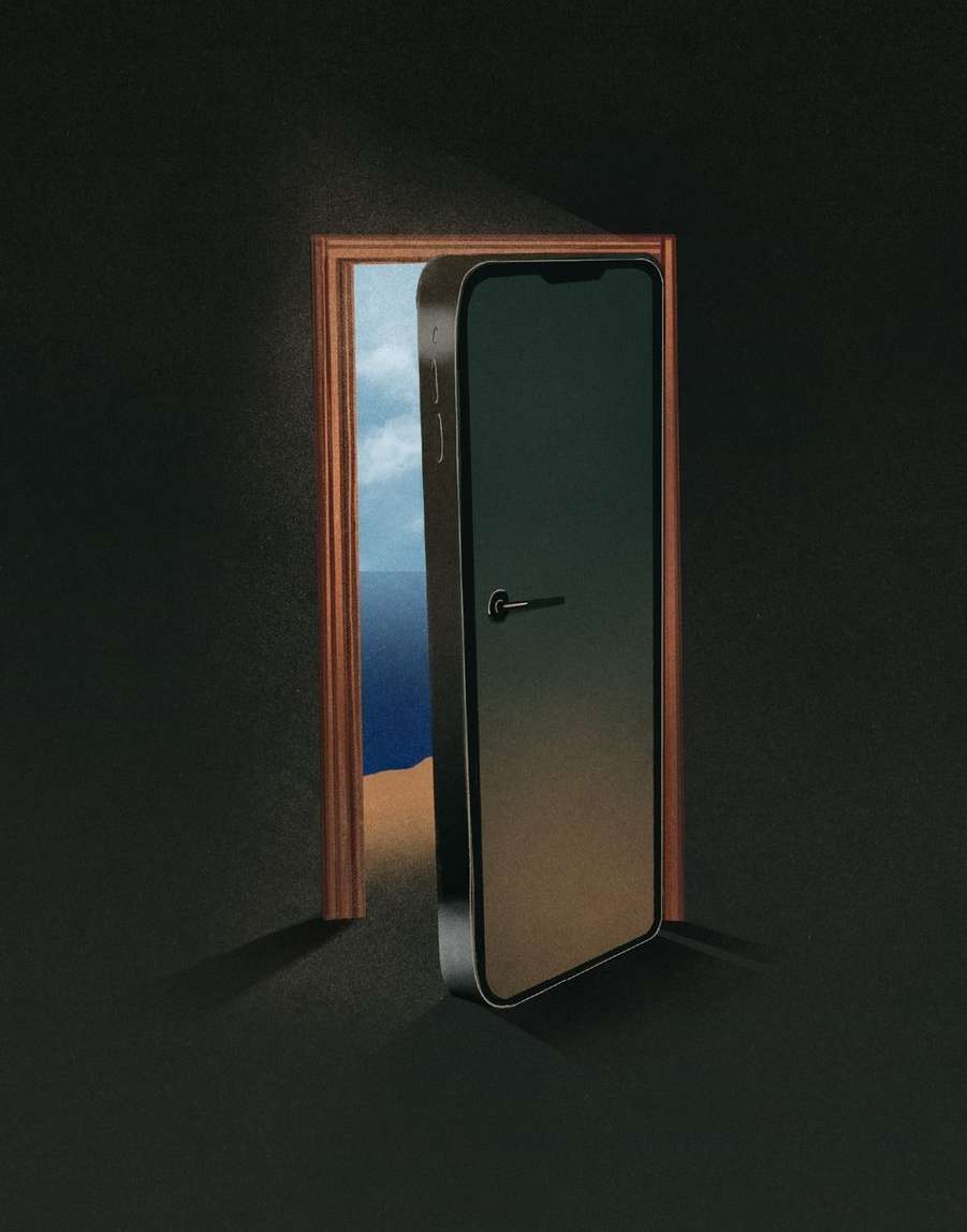 Conceptual art of a doorway that leads to a coastal scene, but the door itself is shaped like a smartphone with a door handle.