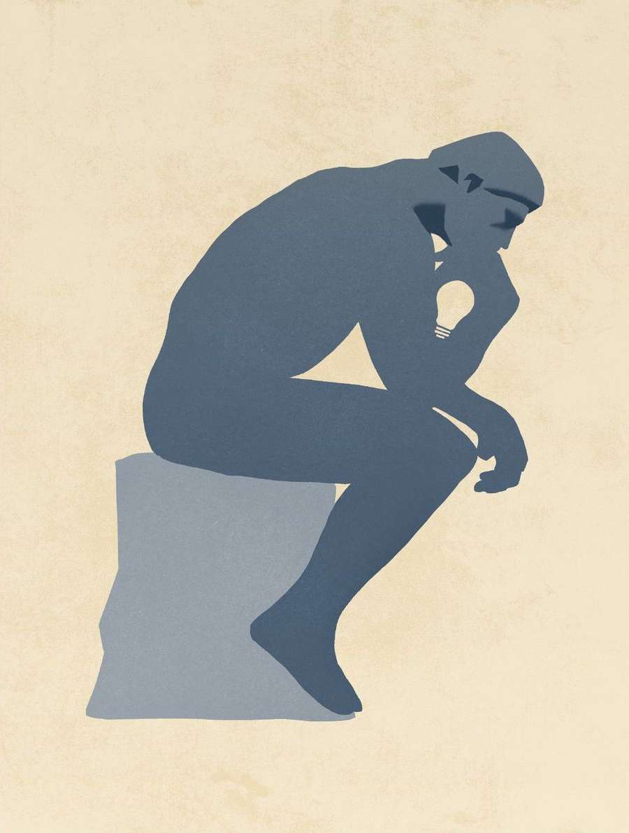 Illustration of a solitary male figure, depicted in blue, sitting on a stone block in a pensive pose against a beige background.
