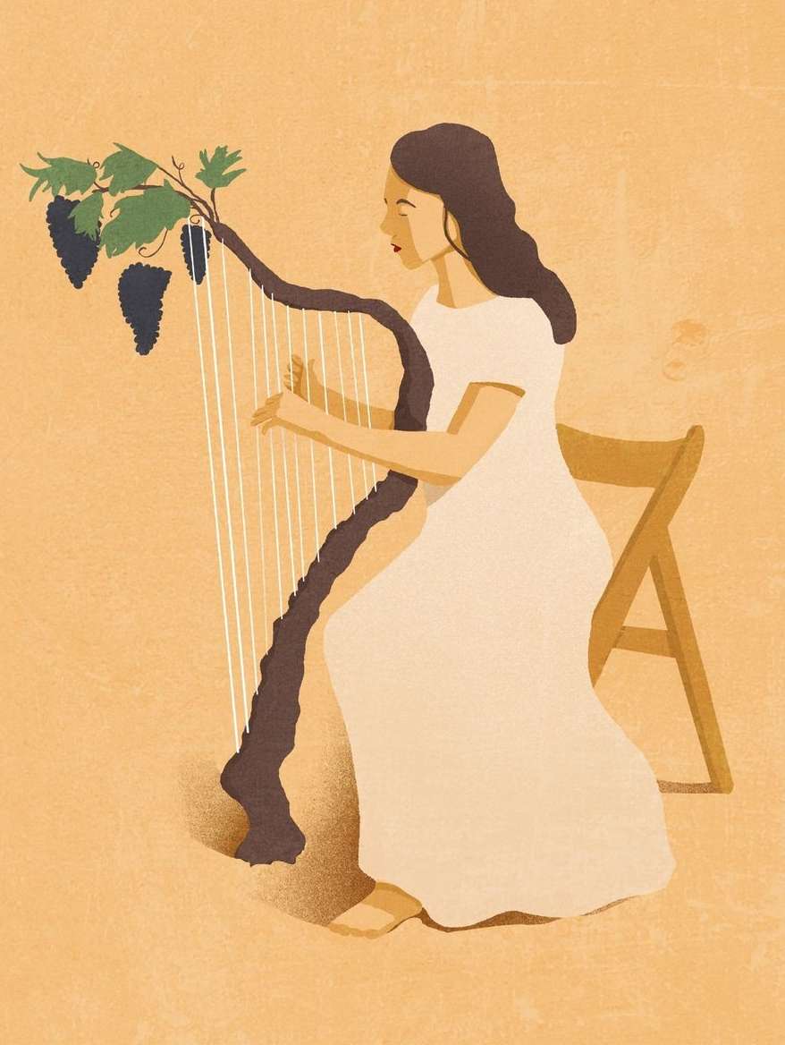 Illustration of a woman in a white dress playing a harp adorned with grapes and leaves, set against a textured peach background.