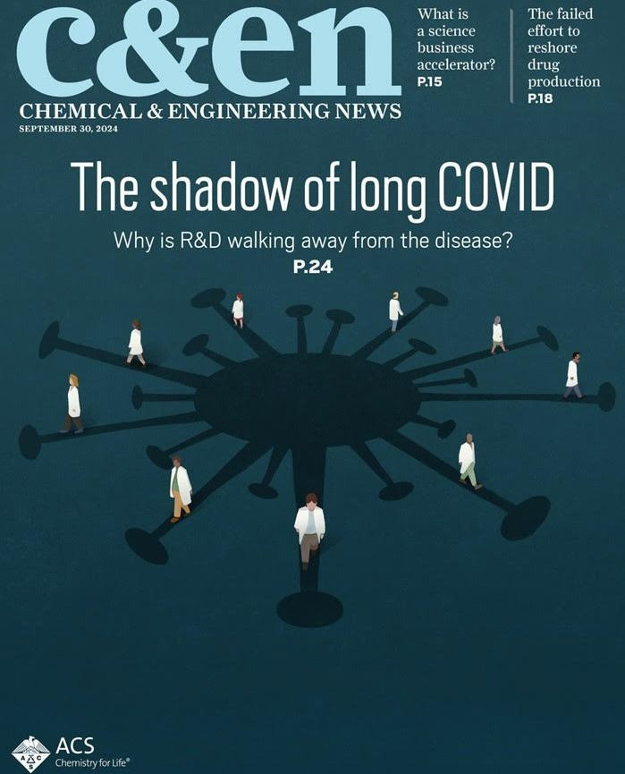 Cover of Chemical & Engineering News shows illustrated figures walking away from a dark coronavirus shadow, on a teal background.